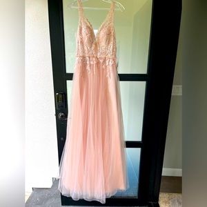 Andrea & Leo long A line prom dress / engagement dress in light pink with slit